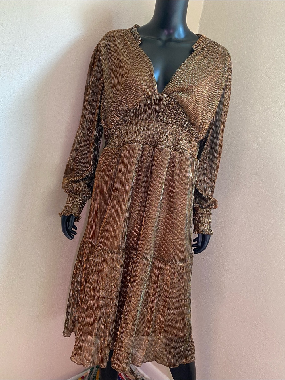 NY Collection Shimmery Bronze V-Neck Long Sleeve Midi Dress - Picture 1 of 12